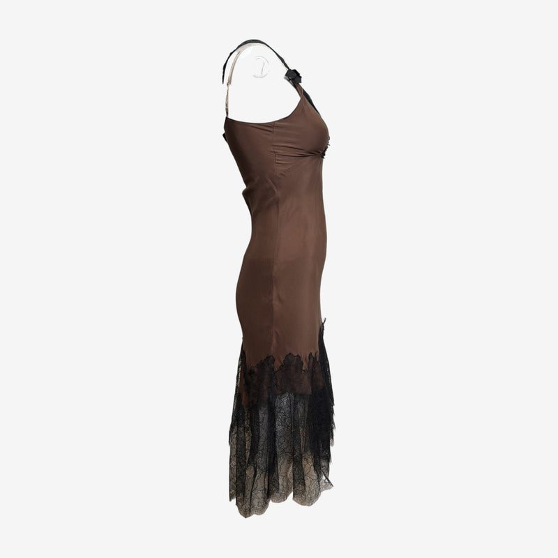 Lolita Lempicka 1990s Brown Beaded Lace-Trimmed Slip Dress