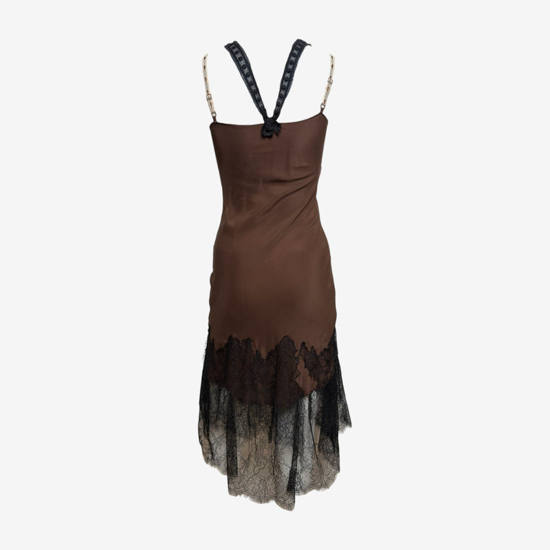 Lolita Lempicka 1990s Brown Beaded Lace-Trimmed Slip Dress