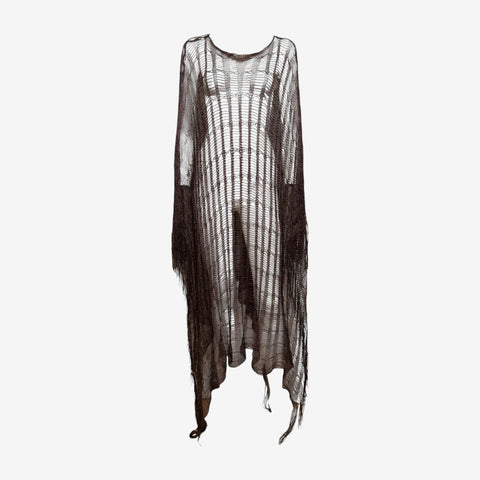 Roberto Cavalli S/S 2002 Dark Brown Metallic Open-Weave Fringed Floor-Length Poncho