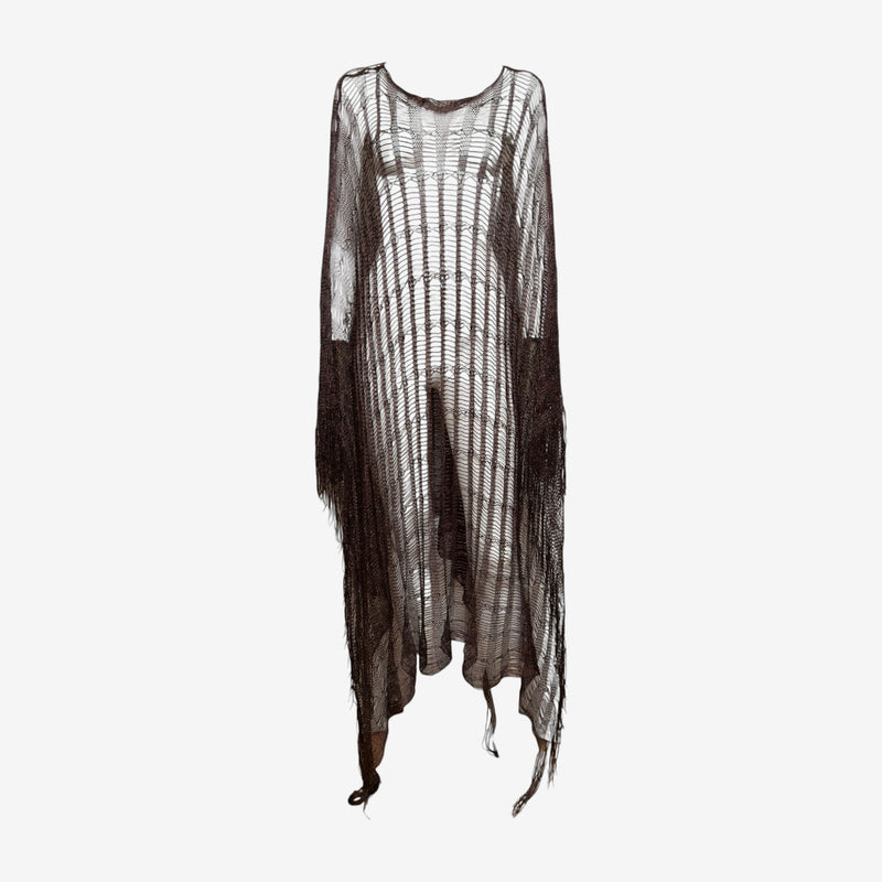 Roberto Cavalli S/S 2002 Dark Brown Metallic Open-Weave Fringed Floor-Length Poncho
