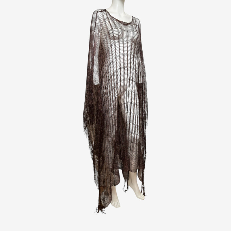 Roberto Cavalli S/S 2002 Dark Brown Metallic Open-Weave Fringed Floor-Length Poncho