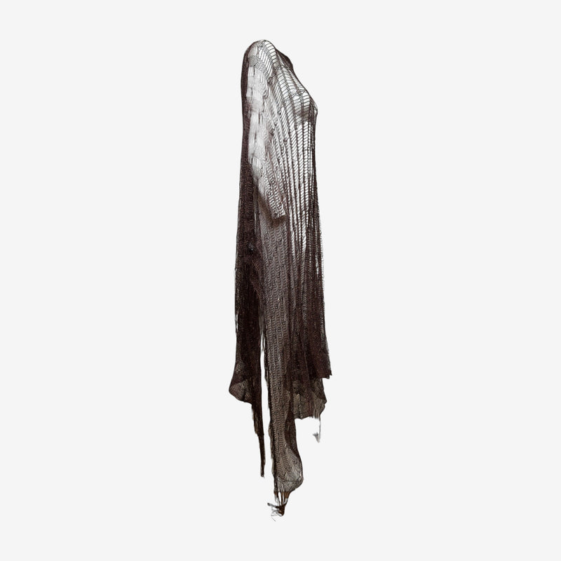 Roberto Cavalli S/S 2002 Dark Brown Metallic Open-Weave Fringed Floor-Length Poncho