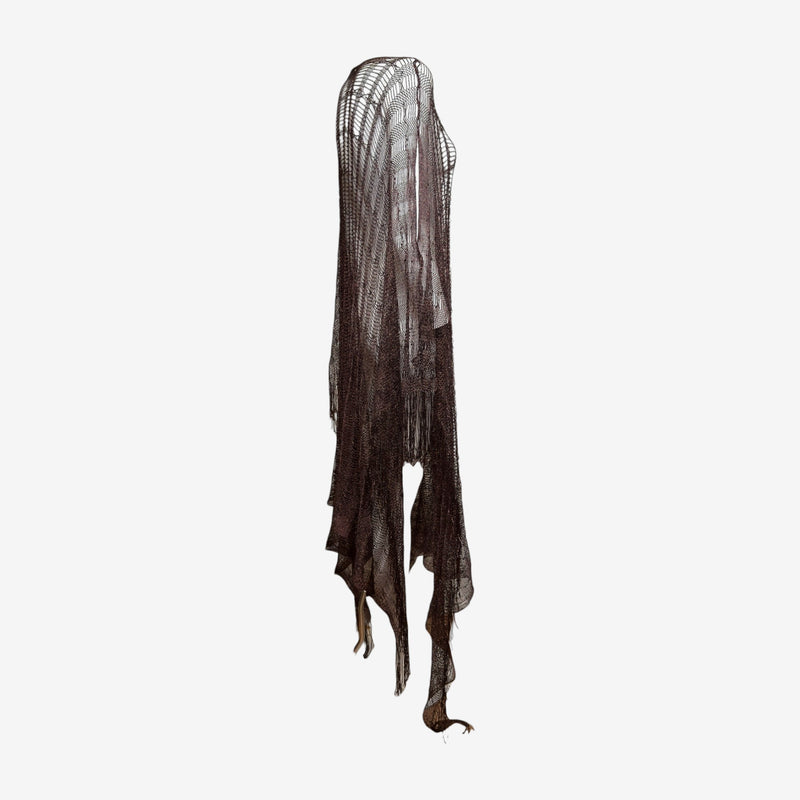 Roberto Cavalli S/S 2002 Dark Brown Metallic Open-Weave Fringed Floor-Length Poncho