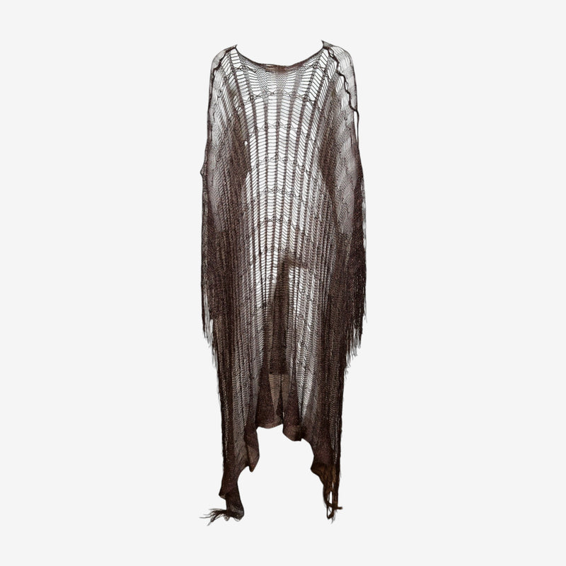 Roberto Cavalli S/S 2002 Dark Brown Metallic Open-Weave Fringed Floor-Length Poncho