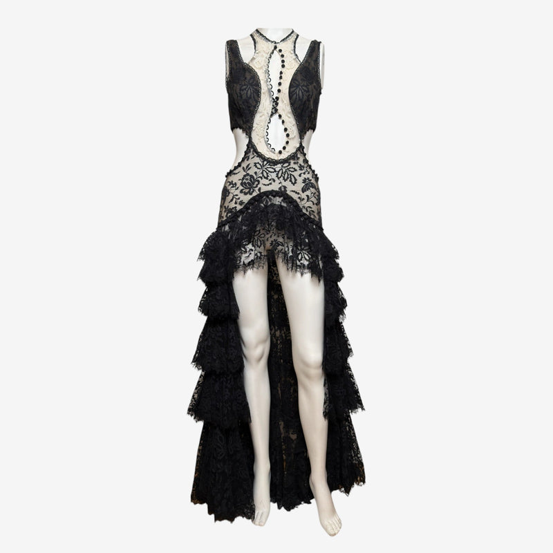 Alexander McQueen S/S 2016 Black And Ivory Lace Cut-Out Tiered High-Low Gown