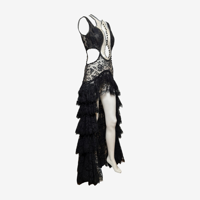 Alexander McQueen S/S 2016 Black And Ivory Lace Cut-Out Tiered High-Low Gown