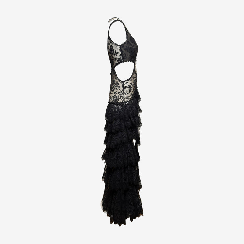 Alexander McQueen S/S 2016 Black And Ivory Lace Cut-Out Tiered High-Low Gown