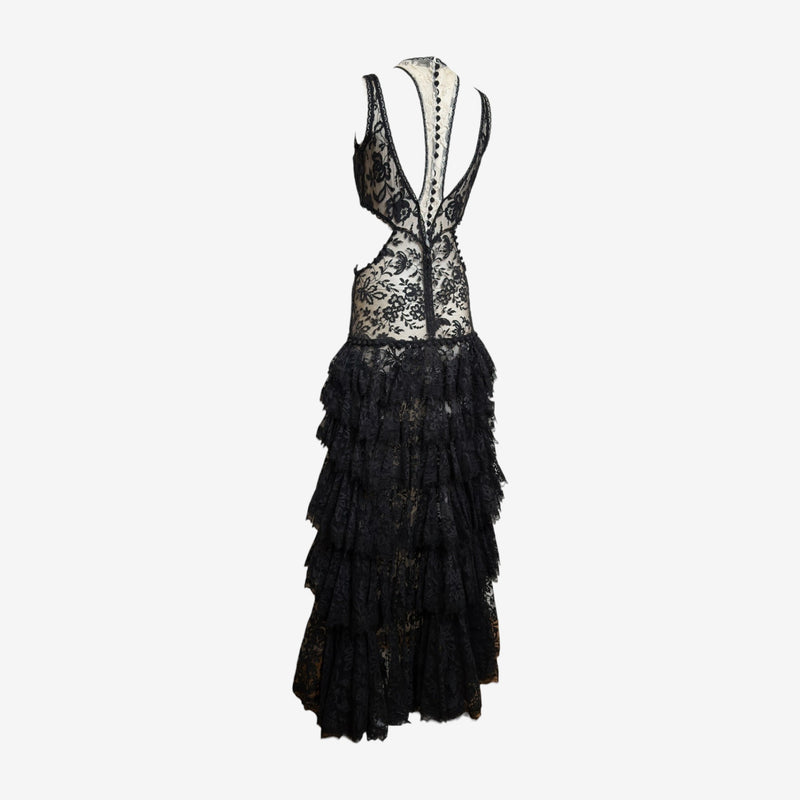 Alexander McQueen S/S 2016 Black And Ivory Lace Cut-Out Tiered High-Low Gown