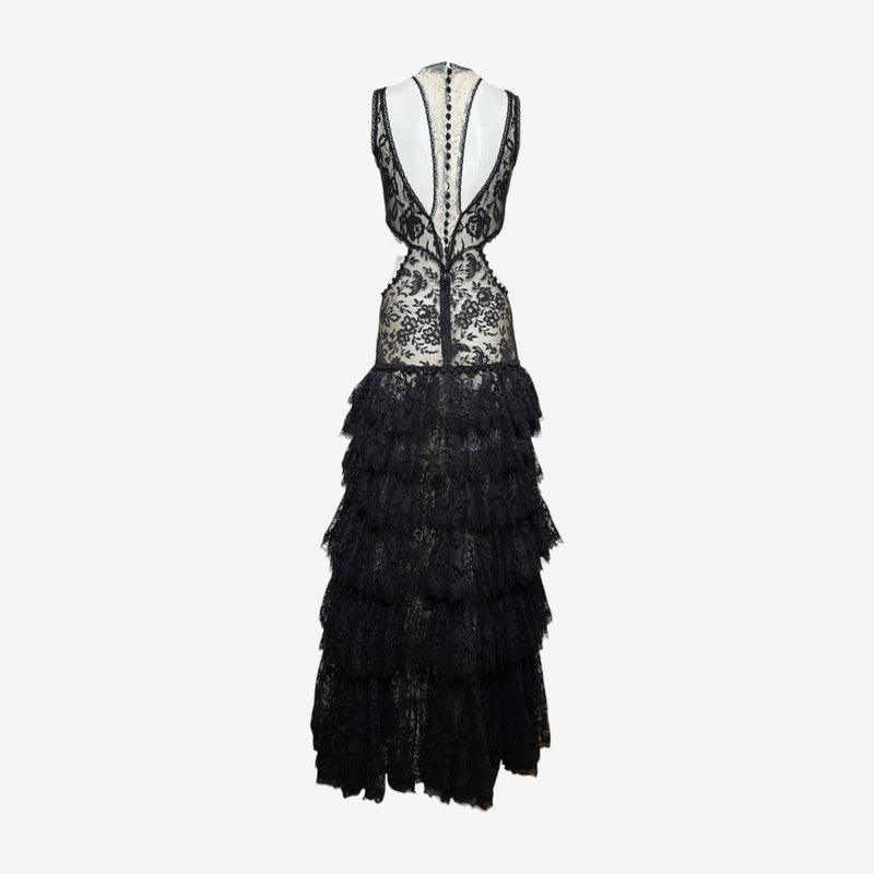 Alexander McQueen S/S 2016 Black And Ivory Lace Cut-Out Tiered High-Low Gown