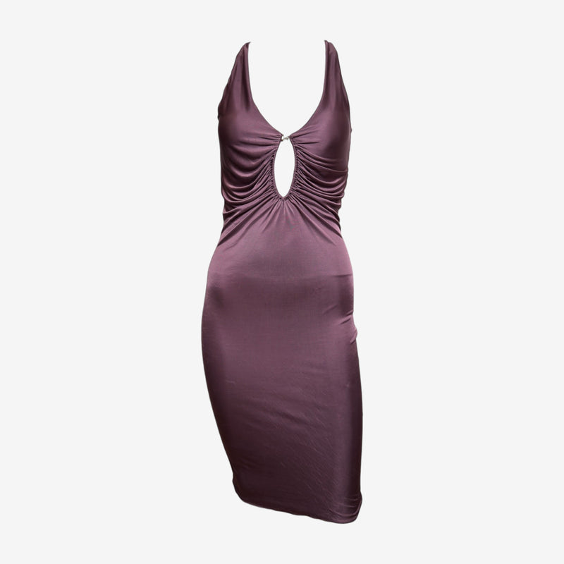 Gucci by Tom Ford F/W 2003 Mauve Ruched Keyhole Midi Dress