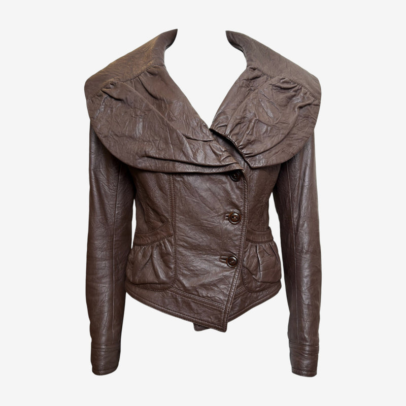 John Galliano F/W 2005 Brown Lambskin Ruched Wide-Collar Cropped Jacket