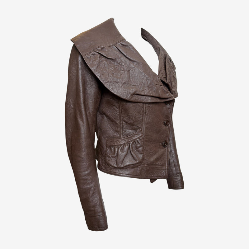John Galliano F/W 2005 Brown Lambskin Ruched Wide-Collar Cropped Jacket