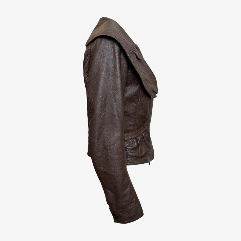 John Galliano F/W 2005 Brown Lambskin Ruched Wide-Collar Cropped Jacket