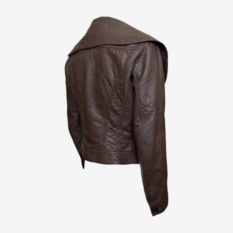 John Galliano F/W 2005 Brown Lambskin Ruched Wide-Collar Cropped Jacket