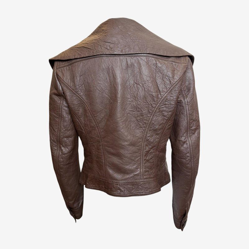 John Galliano F/W 2005 Brown Lambskin Ruched Wide-Collar Cropped Jacket