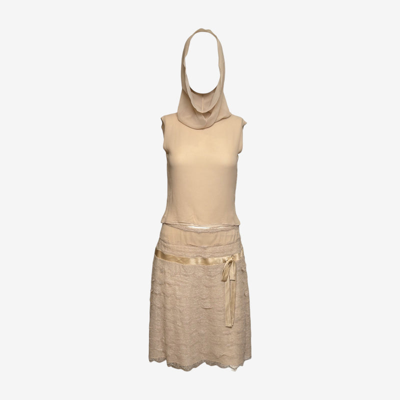 Blumarine S/S 2004 Ecru Hooded Lace And Satin-Ribbon Mini Dress Ensemble