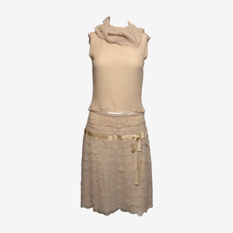 Blumarine S/S 2004 Ecru Hooded Lace And Satin-Ribbon Mini Dress Ensemble