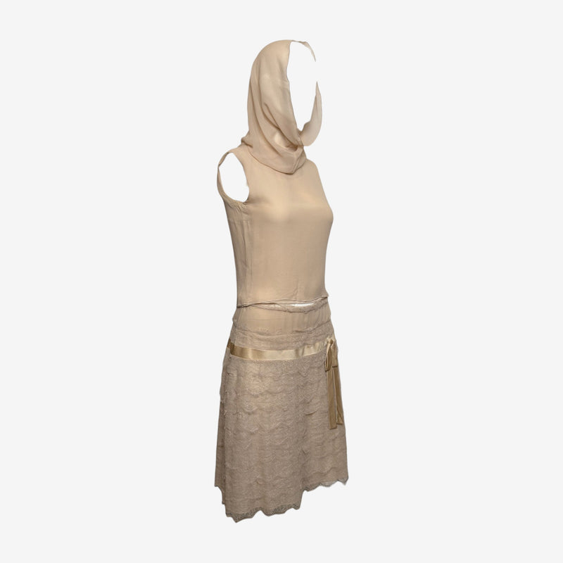 Blumarine S/S 2004 Ecru Hooded Lace And Satin-Ribbon Mini Dress Ensemble