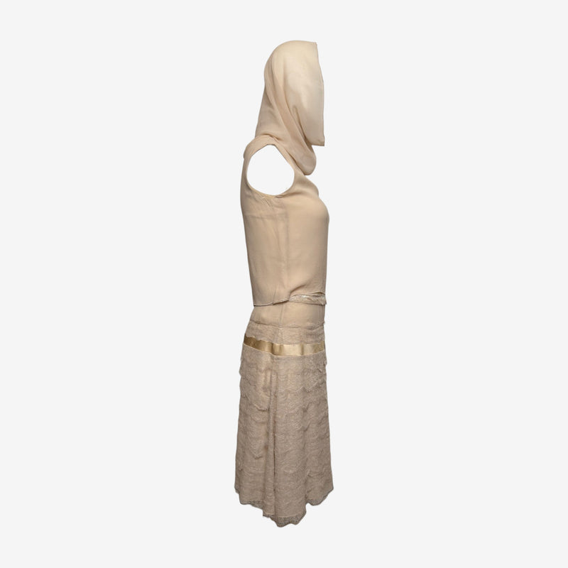 Blumarine S/S 2004 Ecru Hooded Lace And Satin-Ribbon Mini Dress Ensemble