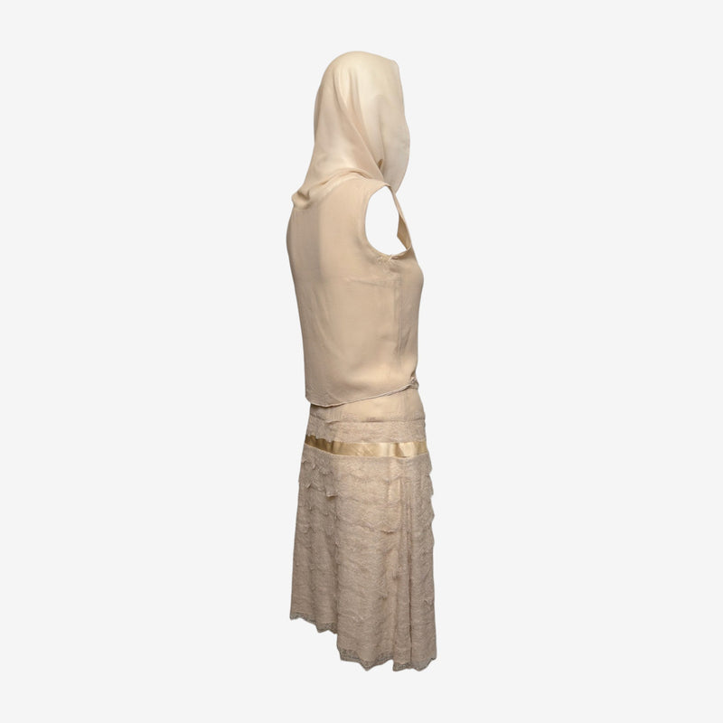 Blumarine S/S 2004 Ecru Hooded Lace And Satin-Ribbon Mini Dress Ensemble