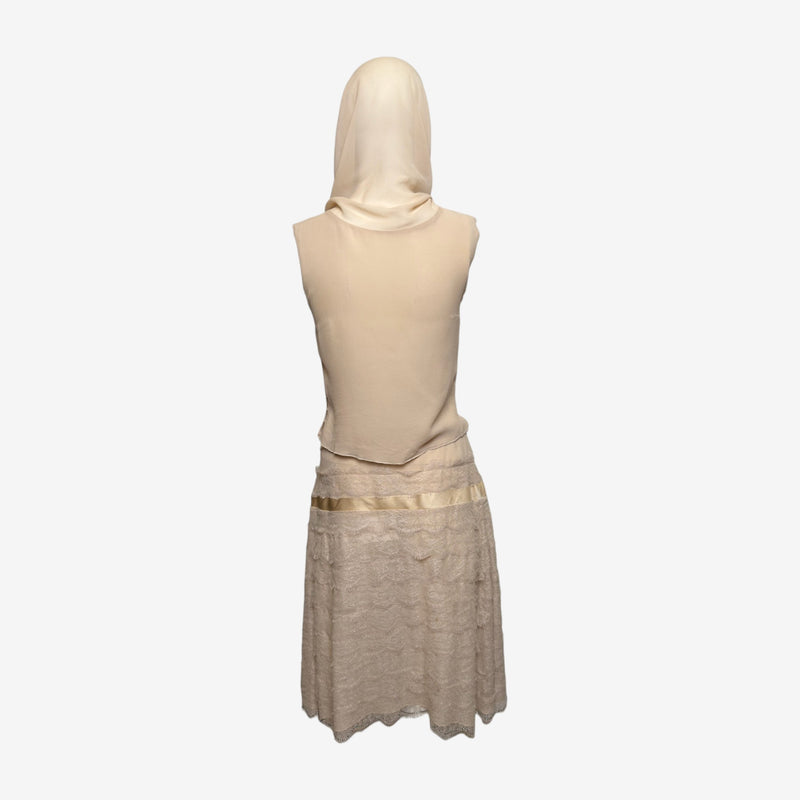 Blumarine S/S 2004 Ecru Hooded Lace And Satin-Ribbon Mini Dress Ensemble