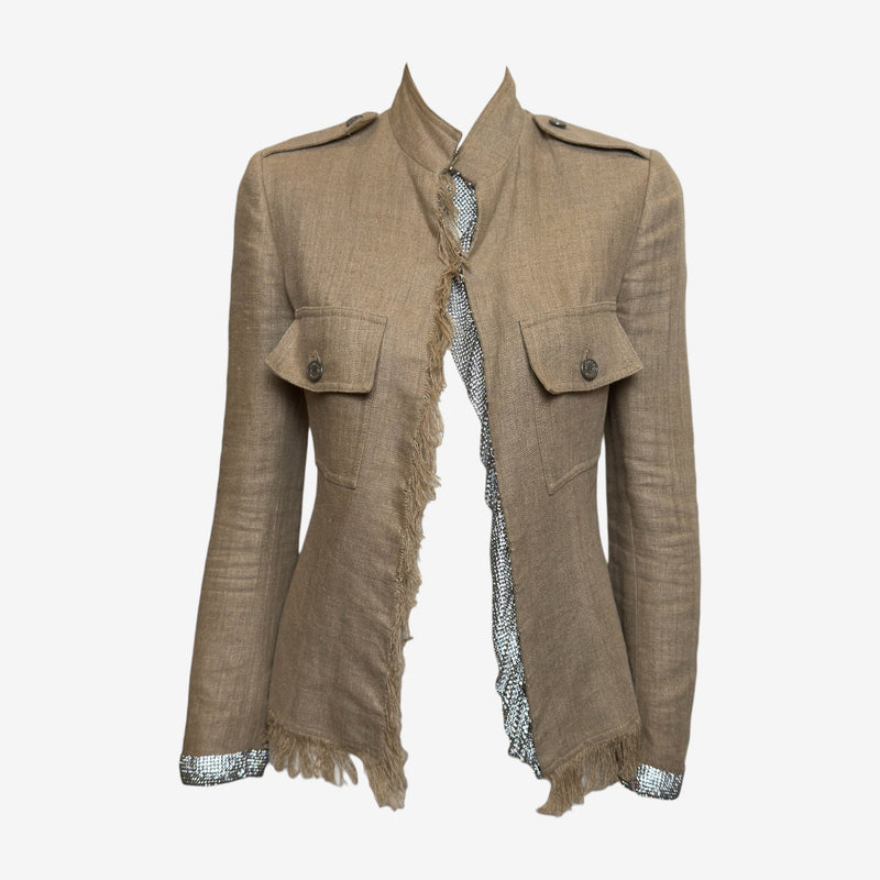Dolce & Gabbana S/S 2001 Sand Fringed Linen Military Jacket With Crystal Mesh Trim