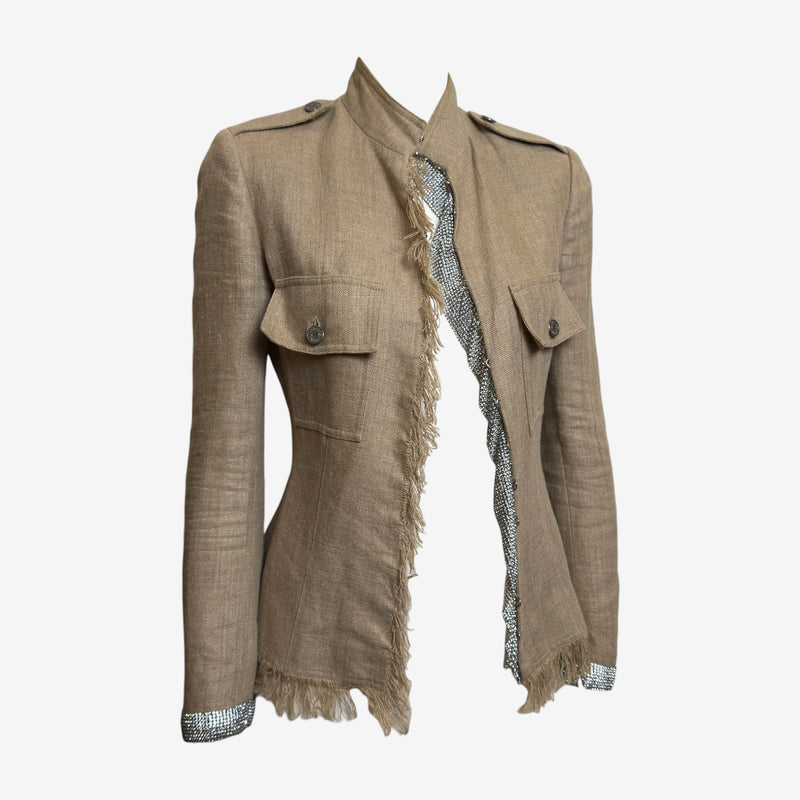 Dolce & Gabbana S/S 2001 Sand Fringed Linen Military Jacket With Crystal Mesh Trim