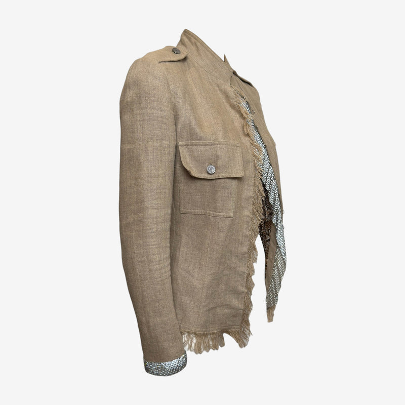 Dolce & Gabbana S/S 2001 Sand Fringed Linen Military Jacket With Crystal Mesh Trim
