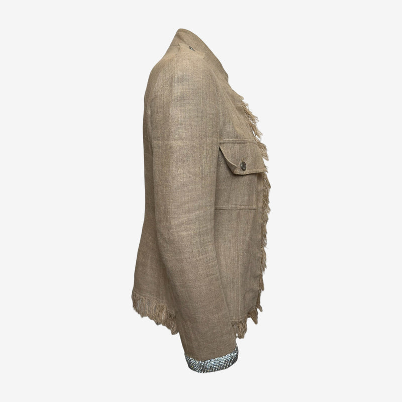 Dolce & Gabbana S/S 2001 Sand Fringed Linen Military Jacket With Crystal Mesh Trim