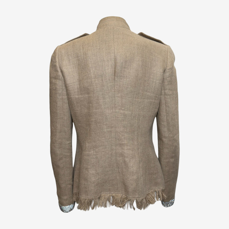 Dolce & Gabbana S/S 2001 Sand Fringed Linen Military Jacket With Crystal Mesh Trim