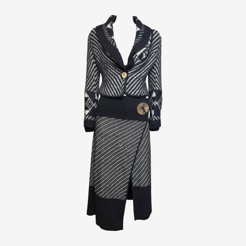 John Galliano F/W 1999 Black & Ivory Chevron Intarsia Cropped Blazer And Midi Skirt Set