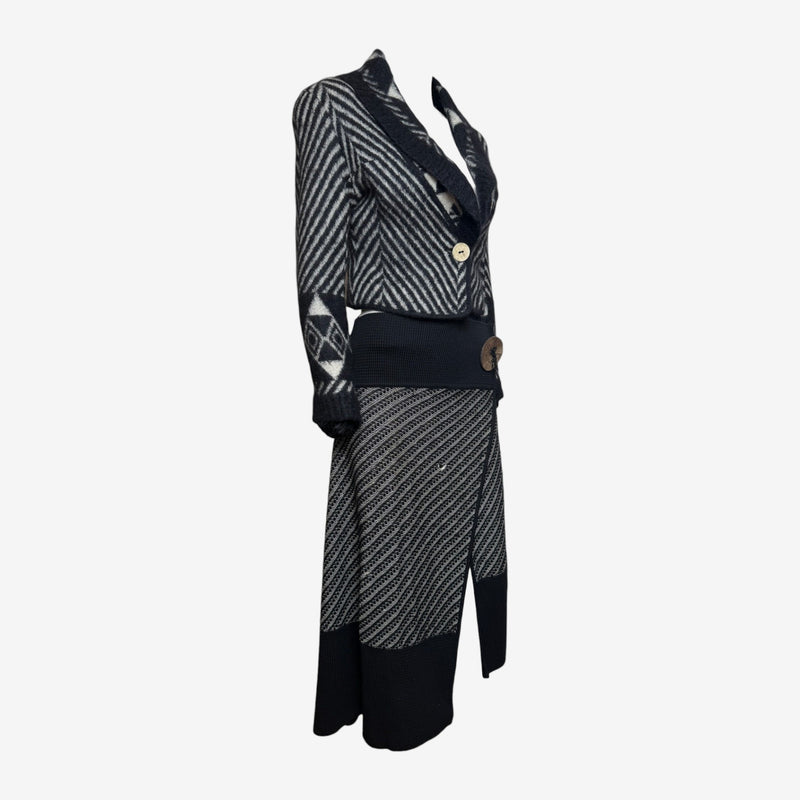 John Galliano F/W 1999 Black & Ivory Chevron Intarsia Cropped Blazer And Midi Skirt Set