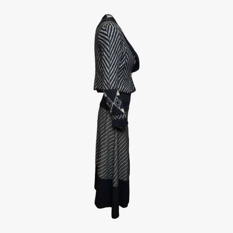 John Galliano F/W 1999 Black & Ivory Chevron Intarsia Cropped Blazer And Midi Skirt Set