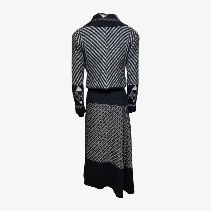 John Galliano F/W 1999 Black & Ivory Chevron Intarsia Cropped Blazer And Midi Skirt Set