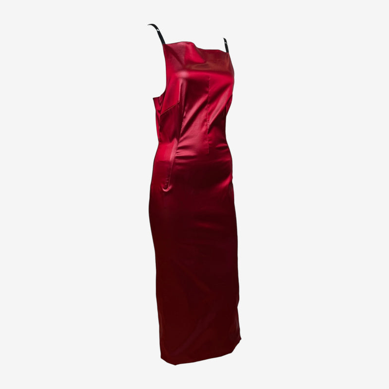 Dolce & Gabbana S/S 1999 Red Satin Column Midi Dress With Black Straps