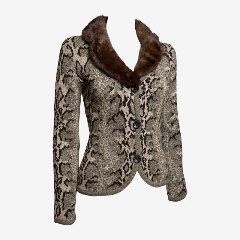 Valentino 2000s Beige & Brown Intarsia Snakeskin-Print Fur-Collar Cardigan