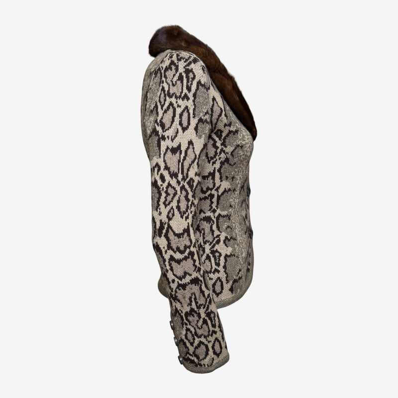 Valentino 2000s Beige & Brown Intarsia Snakeskin-Print Fur-Collar Cardigan