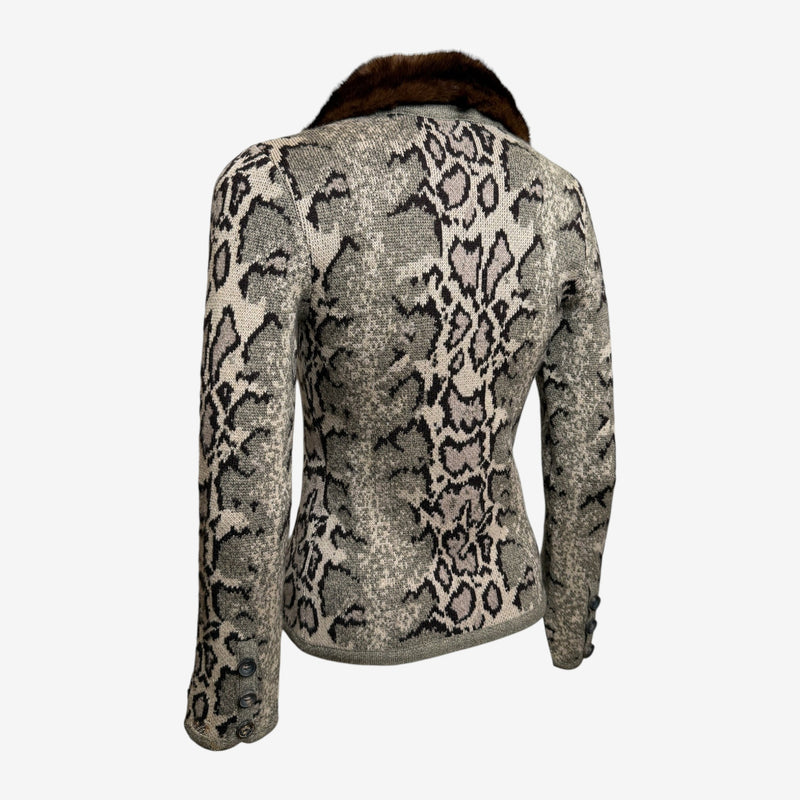 Valentino 2000s Beige & Brown Intarsia Snakeskin-Print Fur-Collar Cardigan