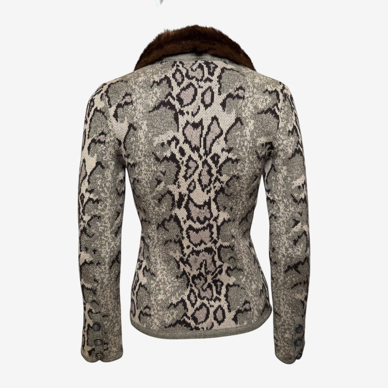 Valentino 2000s Beige & Brown Intarsia Snakeskin-Print Fur-Collar Cardigan