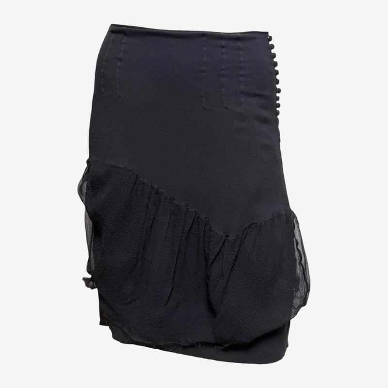 John Galliano F/W 2006 Black Ruched Bubble Mini Skirt With Covered-Button Placket And Sheer Hem Frill