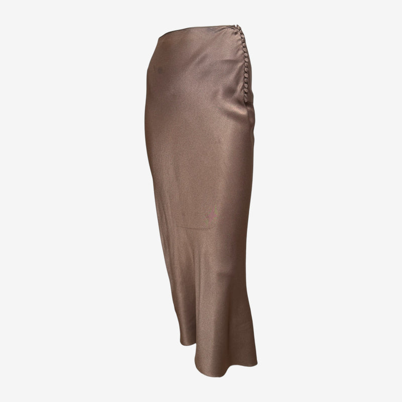 John Galliano S/S 2000 Bronze Satin Bias-Cut Button-Detail Midi Skirt