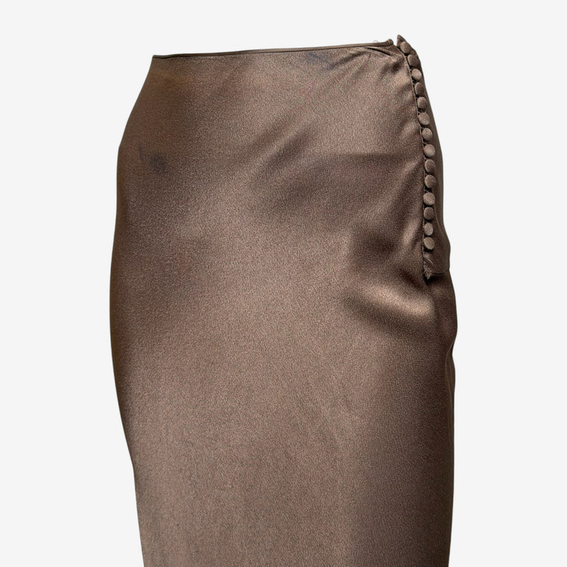 John Galliano S/S 2000 Bronze Satin Bias-Cut Button-Detail Midi Skirt