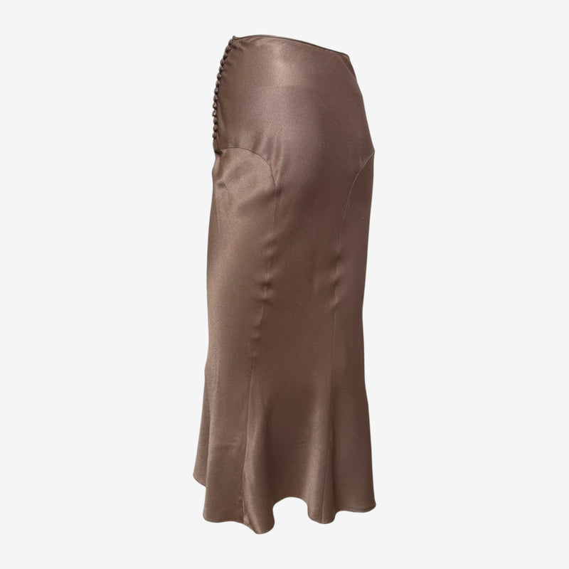 John Galliano S/S 2000 Bronze Satin Bias-Cut Button-Detail Midi Skirt