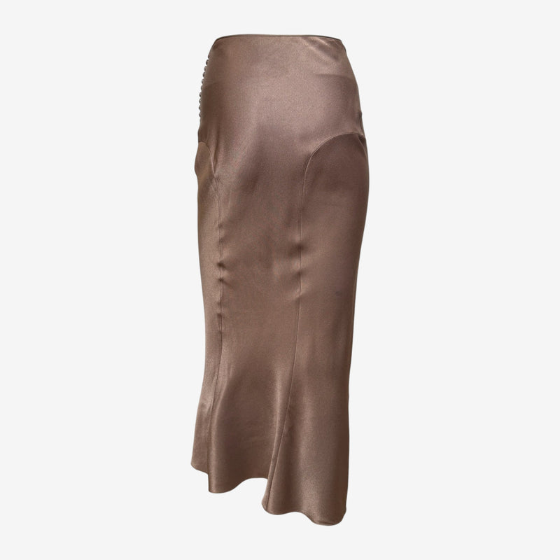 John Galliano S/S 2000 Bronze Satin Bias-Cut Button-Detail Midi Skirt