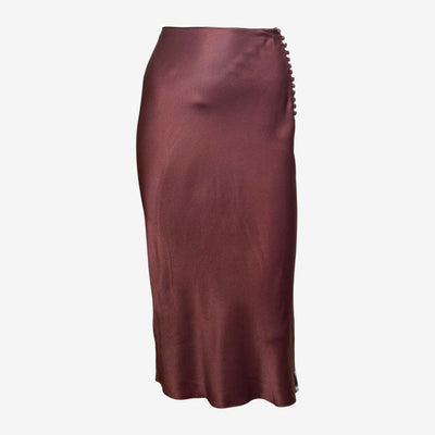 John Galliano S/S 2000 Burgundy Satin Bias-Cut Button-Detail Midi Skirt