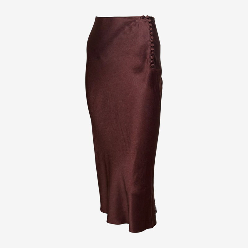 John Galliano S/S 2000 Burgundy Satin Bias-Cut Button-Detail Midi Skirt