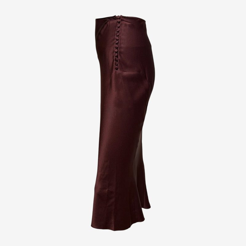 John Galliano S/S 2000 Burgundy Satin Bias-Cut Button-Detail Midi Skirt