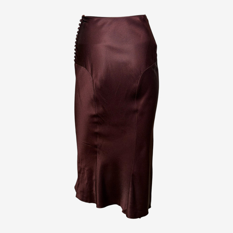 John Galliano S/S 2000 Burgundy Satin Bias-Cut Button-Detail Midi Skirt