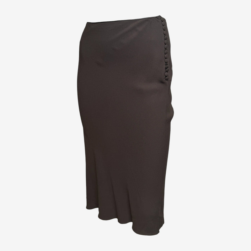 John Galliano S/S 2000 Brown Silk Bias-Cut Button-Detail Midi Skirt