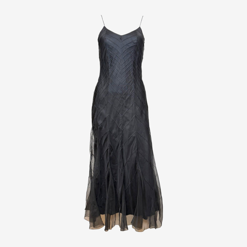 John Galliano S/S 2000 Black Chevron-Pintucked Sheer-Hem Slip Dress